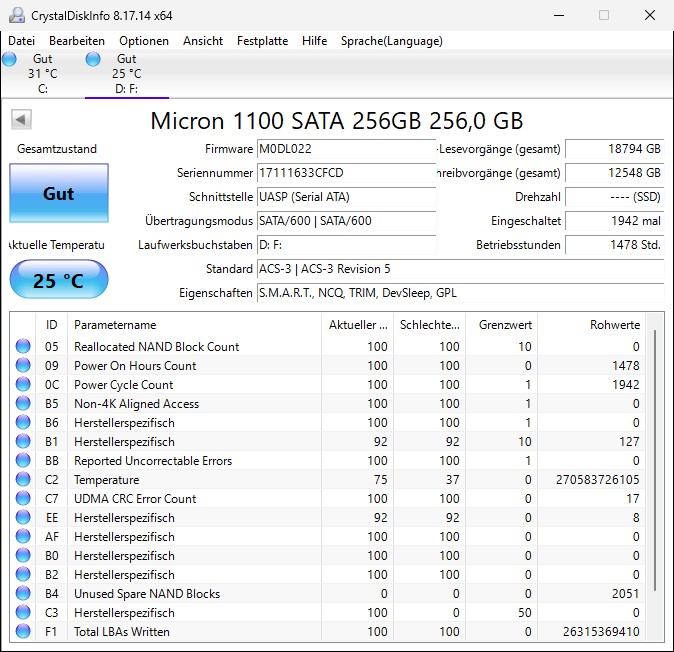 Micron1100SATAIIISSDM.22280256GB6Gb/sPCIe3.0x4(TFDDAV256TBN)92%