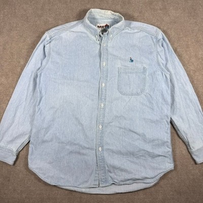Vintage Imus Auto Body Express Mens XL Denim Button Down Shirt Light Wash USA