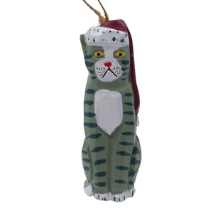 Primitive Folk Art Carved Wood Cat Ornament Green Tabby Santa Hat Christmas