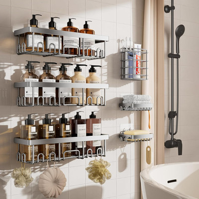 Stainless Steel Shower Caddy 6-Pack,Heavy Weight Bearing,Large Wall Mounted Show