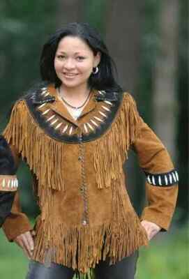 Women Native American Western Cowboy Suede Leather Jacket Fringe & Beaded Brown
