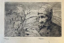 Karnig Nalbandian Etching "Farmer" Social Realism Surreal Portrait Landscape