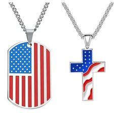 2pcs American USA Flag Patriotic Cross Dog Tag Stainless Steel Pendant Necklace