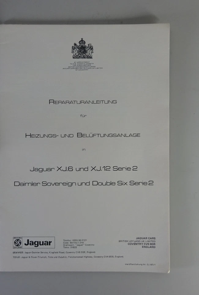 Manuale Officina Jaguar XJ6 & XJ12 Serie 2 Riscaldamento + Ventilazione Stand - Immagine 2 di 4