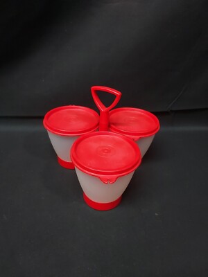 Vintage Tupperware 757-1 Condiment Caddy Server 3 Bowls Red Lids