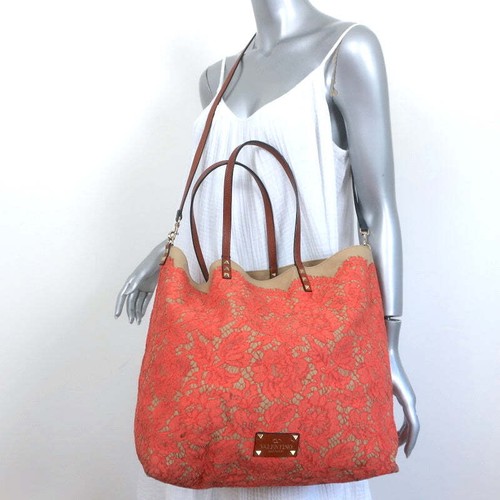 Valentino Glam Reversible Lace Tote Orange/Tan Large Crossbody Shoulder Bag - Bild 4 von 14
