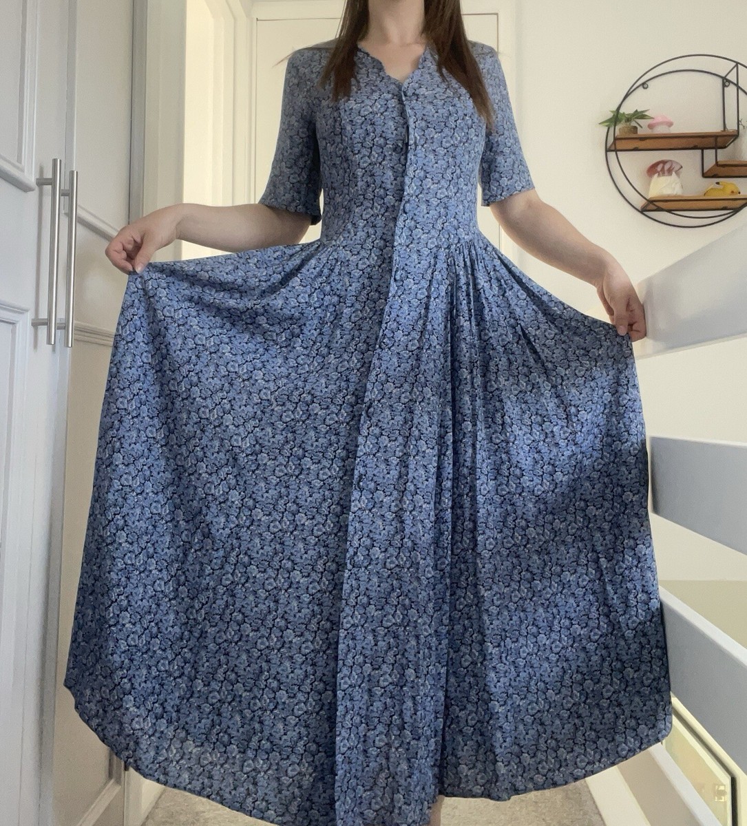 Vintage Laura Ashley Floral Midi Dress Drop Waist Scallop Neck