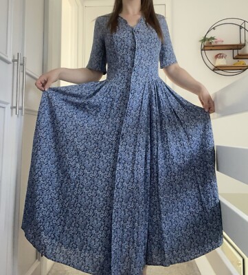 Vintage Laura Ashley Floral Midi Dress Drop Waist Scallop Neck Button Down - 10