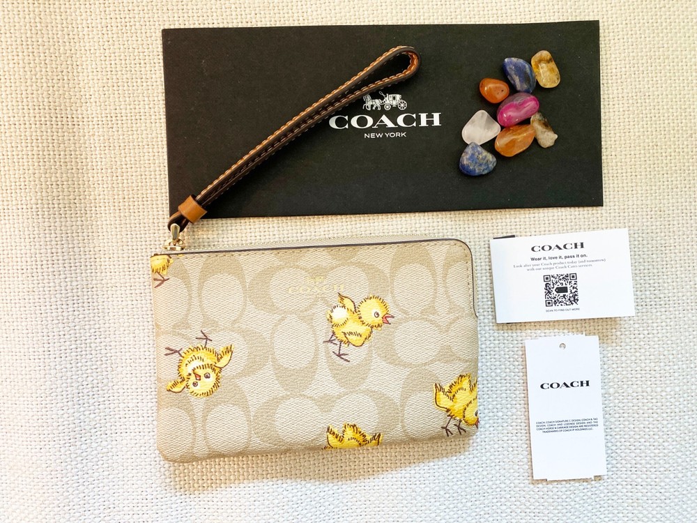 NWT Coach Signature Bird Canvas Wristlet Strap Khaki Leather : Corner Zip CC432