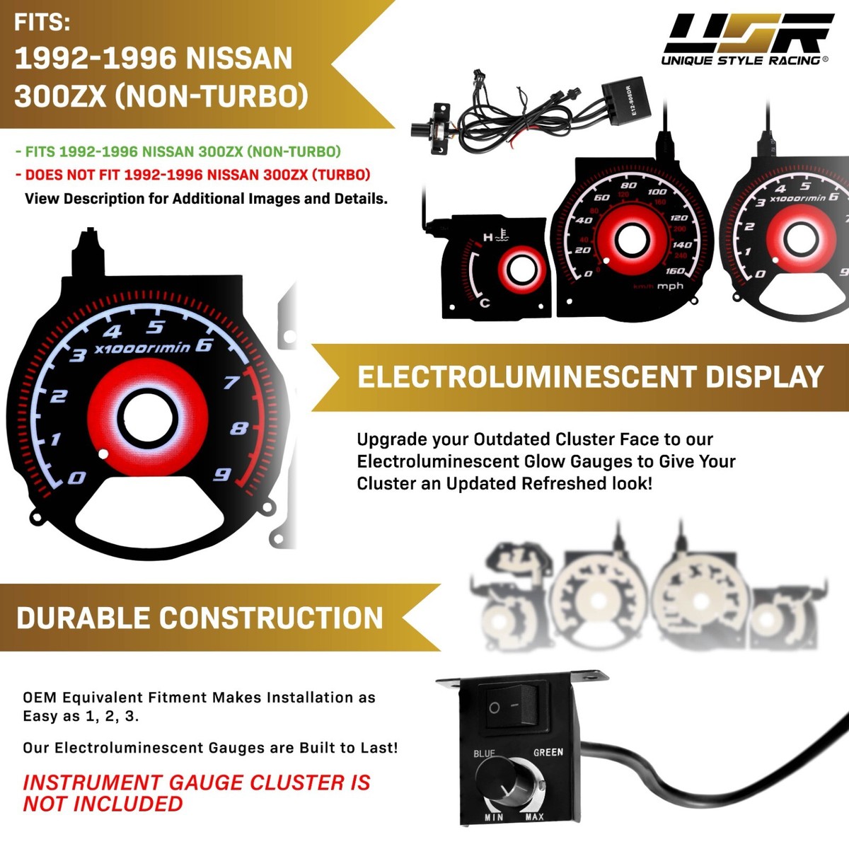 RED Glow Gauge Black Overlay For 92-96 Nissan 300ZX 300 ZX