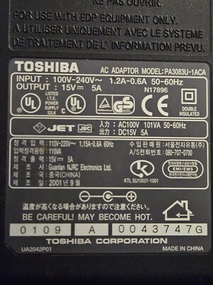 Toshiba Laptop AC Charger Power Adapter Model PA3083U-1ACA 15V 5A OEM