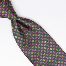 John G Hardy Mens Silk Necktie Dark Green Magenta Gold Scattered Check Tie Italy