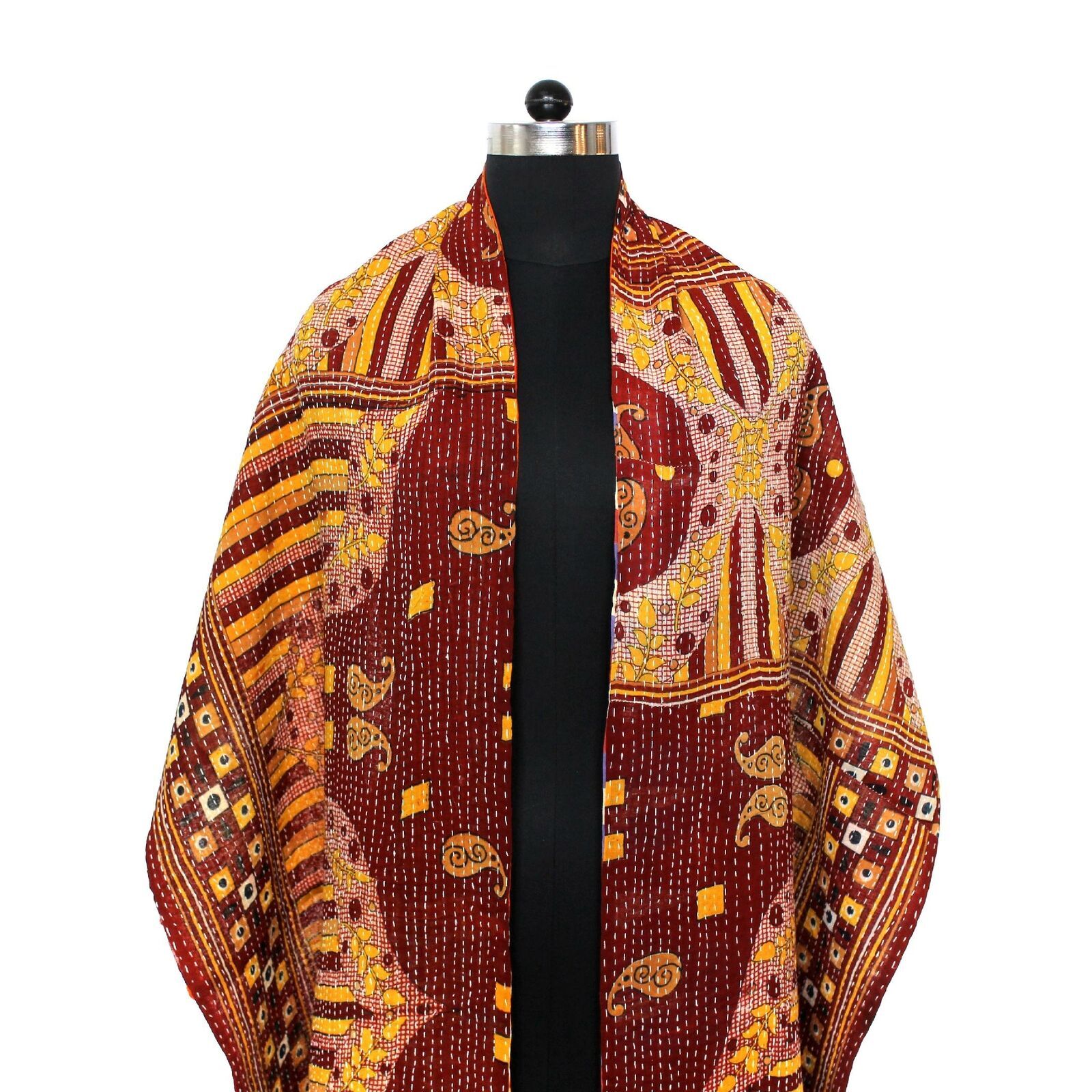 Foulard En Soie Kantha Brodé Main - Étole Voile Matelassée (88x203 Cm) - Fait Main En Inde