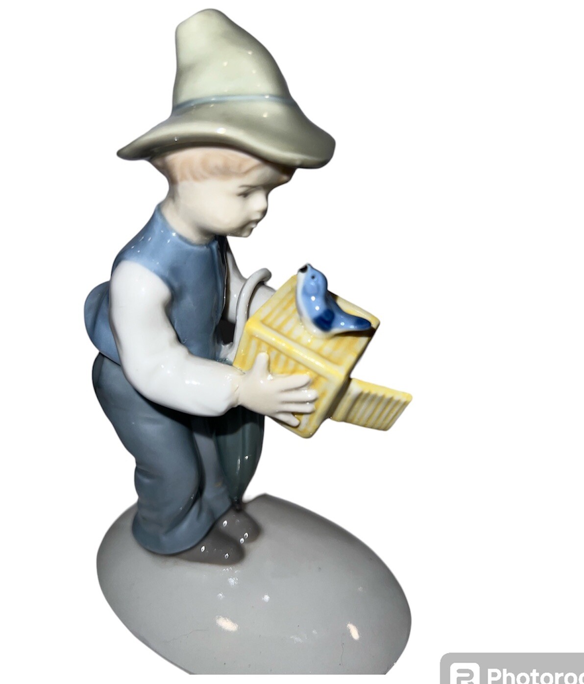 Lippelsdorf Boy Playing Accordion Bird Figurine Blue Crown Mark 1877 GDR German