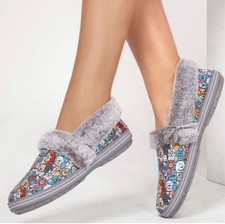 Skechers Bobs Slippers Women's 7 Gray Too Cozy Pooch Parade Dog Faux Fur Comfort
