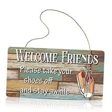 Wooden Hanging Shoes Off Sign Please Take Your Shoes Off and Stay Awhile Sign