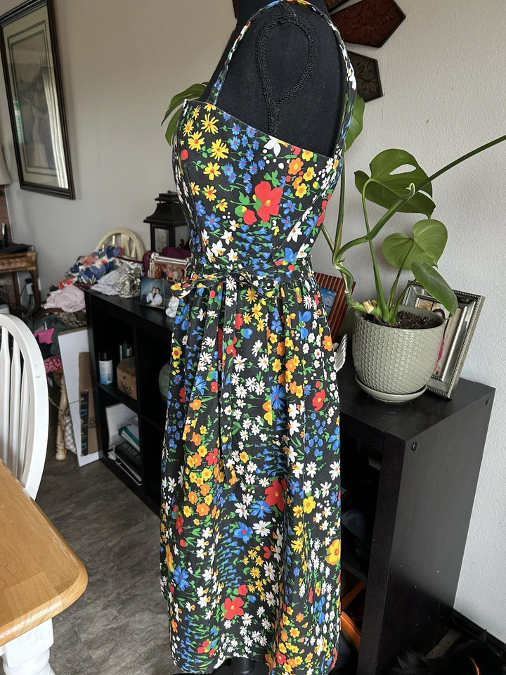 Винтажный сарафан 80-х Victor Costa с черным цветочным узором и карманами размер 10 - Изображение 3 из 4