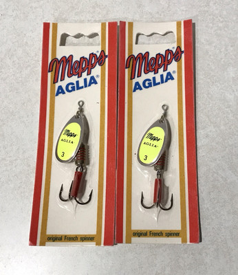 LOT OF 2 MEPPS AGLIA FRENCH SPINNER SIZE #3 FLO CHART BRASS RED 1/4oz NEW Vintag