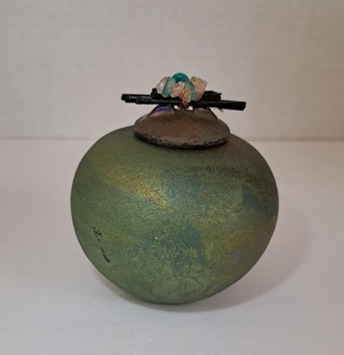 Raku Pottery Spirit Jar Dream Catcher Green Lidded Pot With Stones Signed Diller