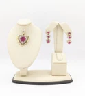 10K Solid Yellow Gold 7.8g Heart Cut Ruby Diamond Pendant Graduated Earring Set
