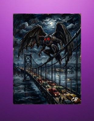 Mothman Night Bridge ACEO Print | Cryptid Horror Folk Art | Red Eye Wings