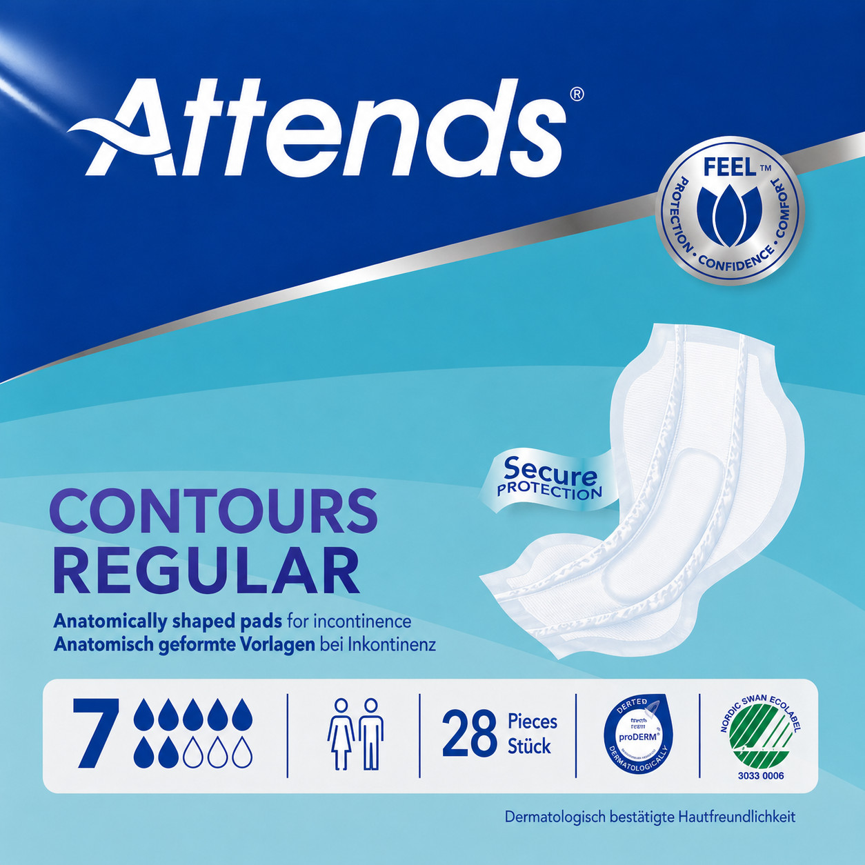 28 x Attends Contours Regular 7 | Adult Unisex Incontinence Pads | 1 Pack of 28