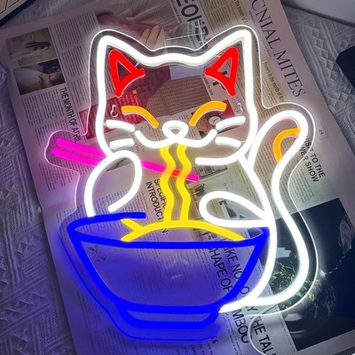 Ramen Cat Neon Sign for Wall Decor, Fortune Japanese Cat Eating Ramen Light S...