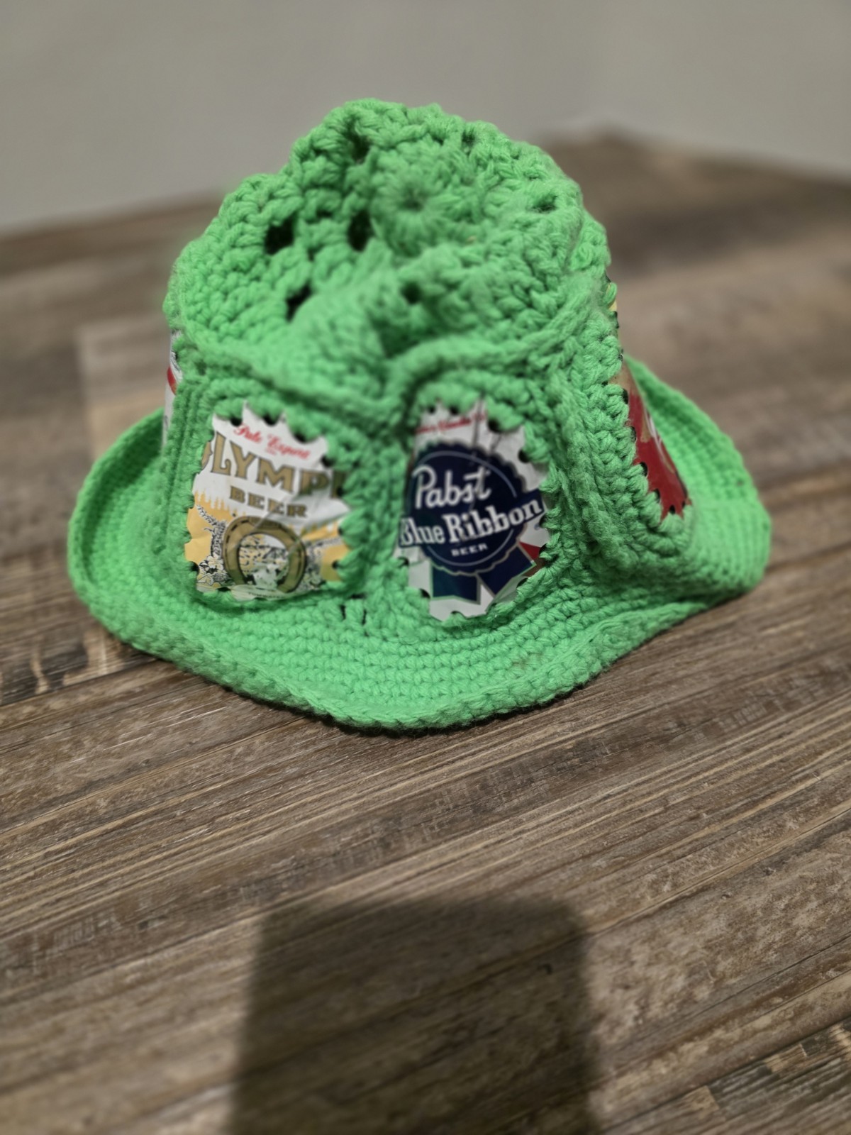 Crocheted  Beer Can Knit Bucket Vintage Party Hat Green