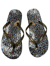 Flawed Metallic Silver Multicolor Leopard Print Glitter Flip Flops Sandals Size7