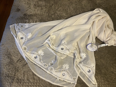 Vintage April Cornell Scarf Shawl Rayon Ivory Embroidered Embellished 19x76''