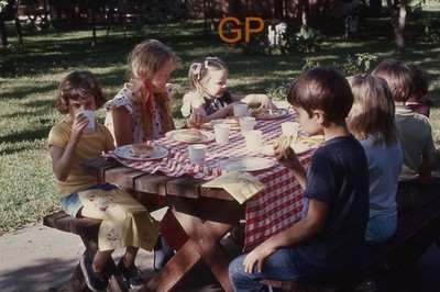 XX122 - e Old 35mm Slide Photo- Children Eating on Picnic Table - 1974