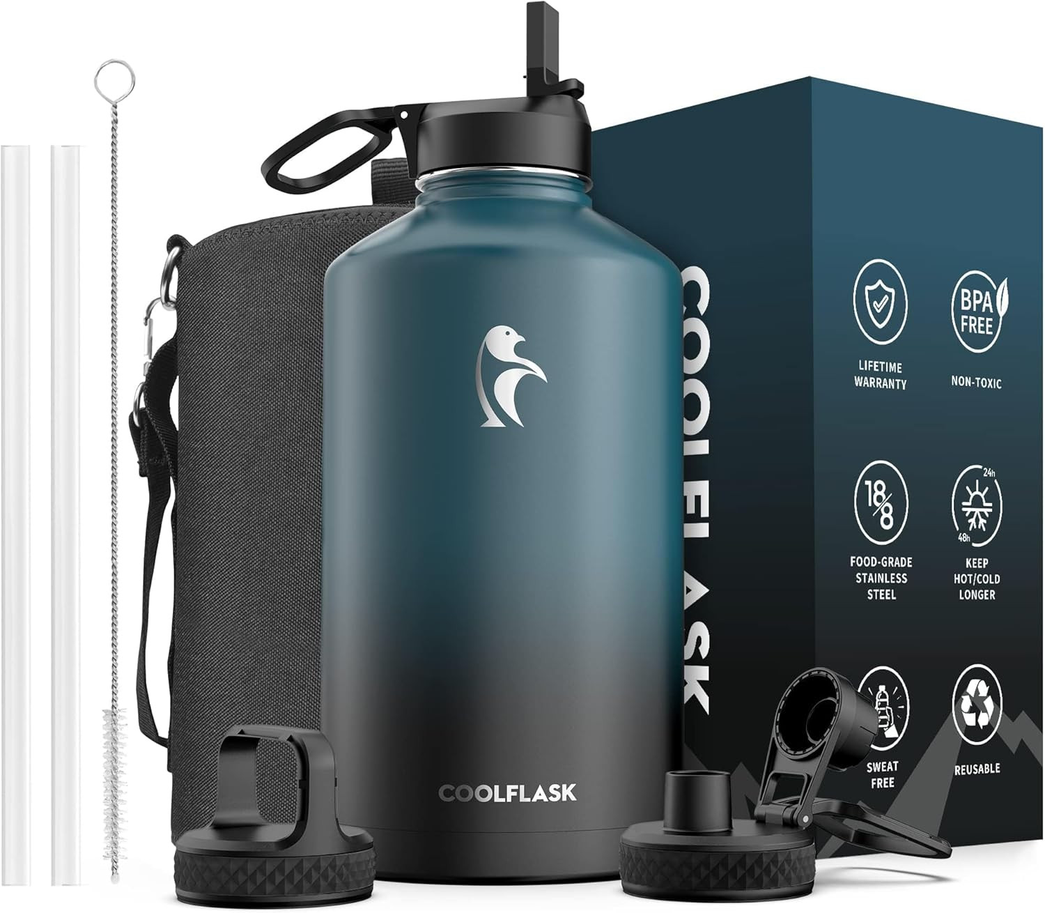 128 Oz Gallon Water Bottle Insulated with Straw&3 Lids, Water Jug Large Stainles