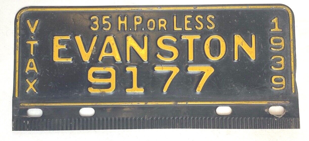 1939 Vehicle Tax Tag Evanston Illinois License Plate Garage Collector