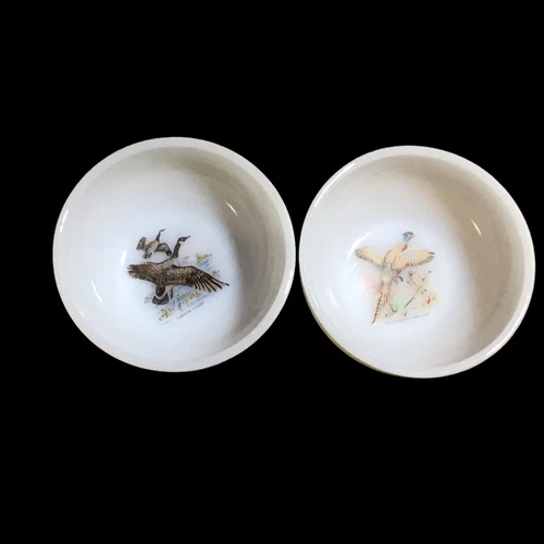 2 Fire King Bowls Vintage Pheasant/ Goose Birds Milk Glass Cereal Bowls