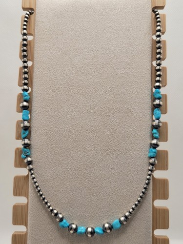 Graduated Navajo Bead Turquoise Nuggets 925 Sterling Silver 18" 3-6mm 10.39gr - Picture 2 of 9