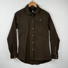 Club Ride Shirt Womens Small Brown Snap Up Cycling Long Sleeve Stretch