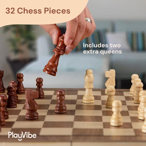 Wooden Chess Set 15" Folding with Checkers Extra Queens Portable Game for All - Picture 7 of 11
