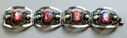 VINTAGE LARGE FAUX OPAL STERLING BRACELET, MEXICO - Picture 6 of 6