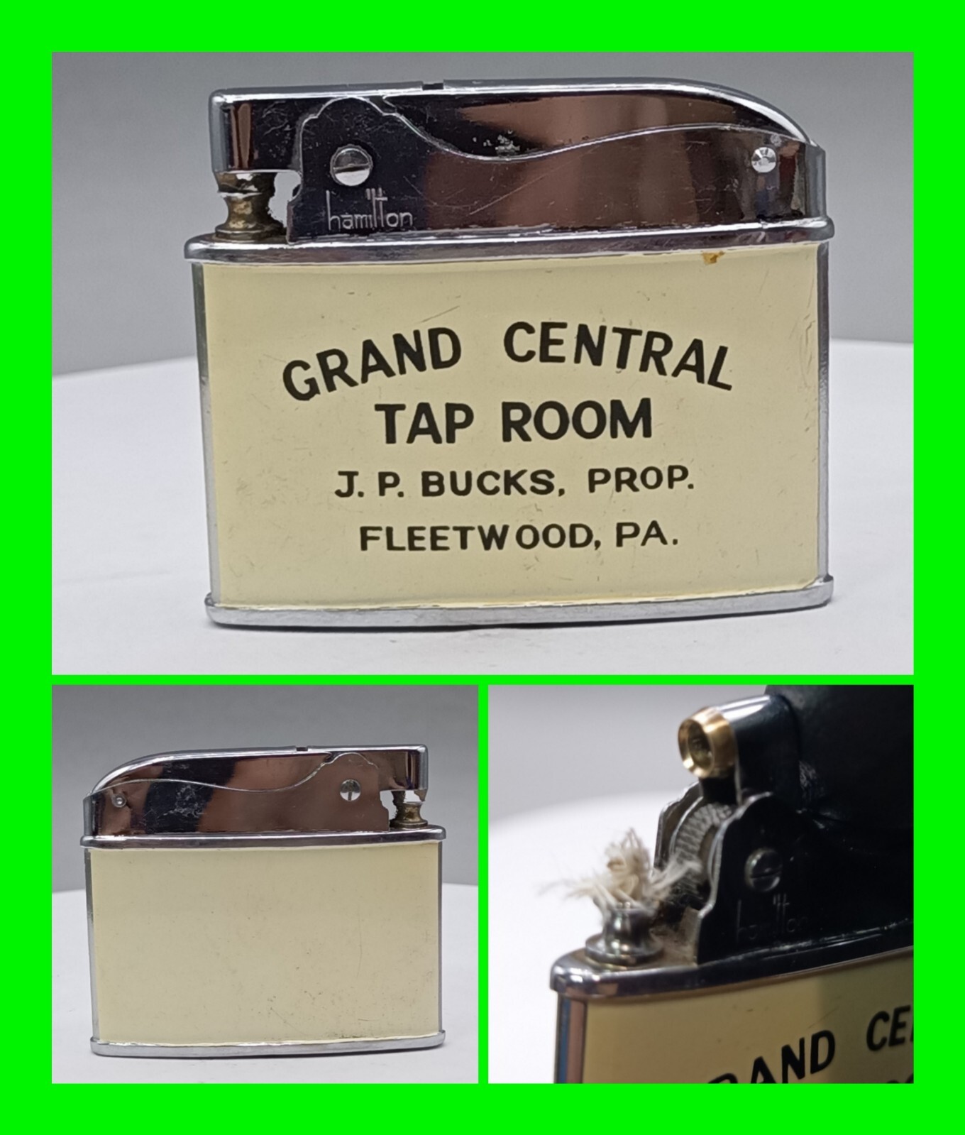 Vintage Grand Central Tap Room J.P. Bucks PROP. Fleetwood, PA. Flat Ad Lighter