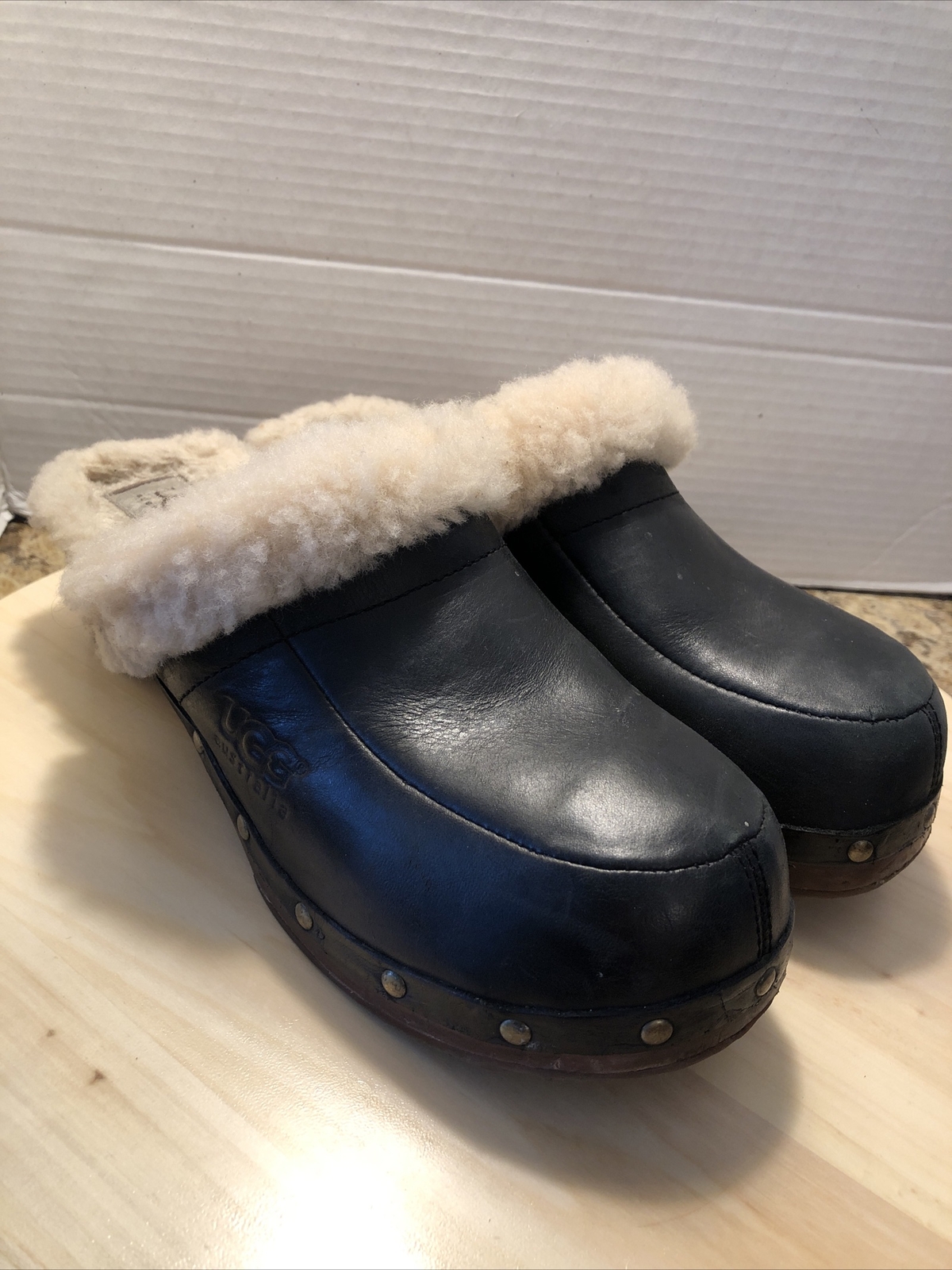 ugg clogs black leather fur lined wood sole Rubber Needs Glued On Sole 119  | eBay