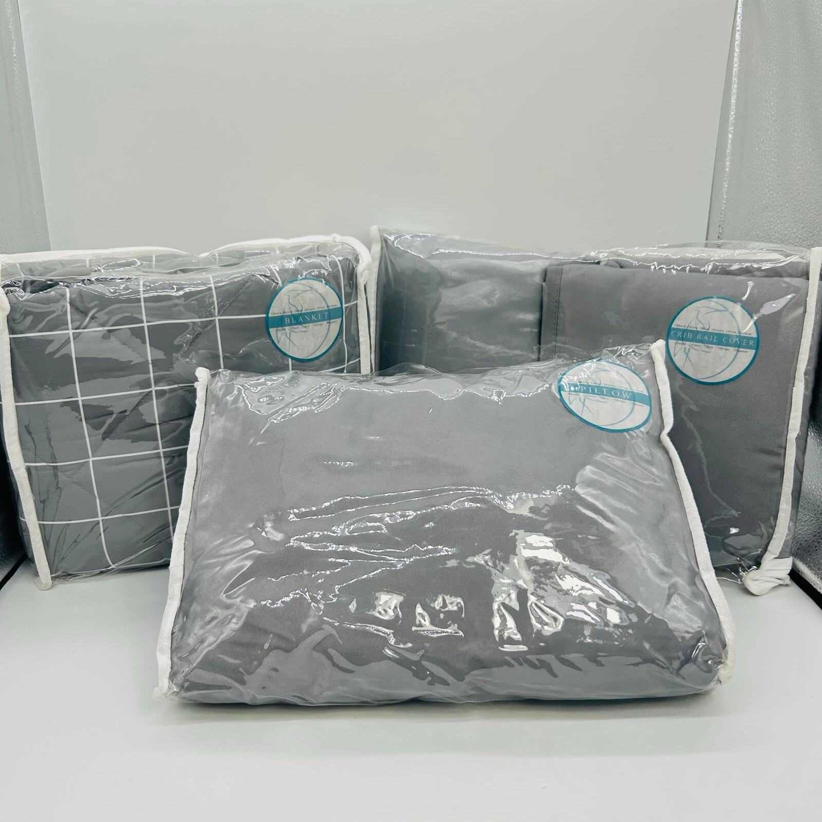 Stork & Style 3 Pcs Nursery Bedding Crib Set Gray Crib Rail Pillow Blanket NEW