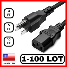 Lot of 3 Prong AC Power Cord Standard Electrical Cable Universal 3FT 5FT 10FT