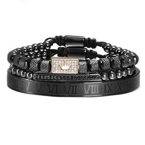 3Pcs/Set 14Kt Gold Filled Luxury Royal King Crown Roman Numeral Bangle Bracelet - Picture 9 of 19