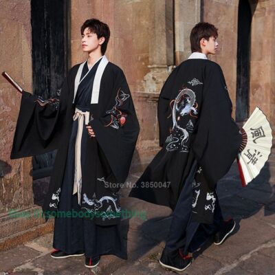 Japanese Kimono Man Set Harajuku Ancient Embroidery Traditional Cardigan Costume