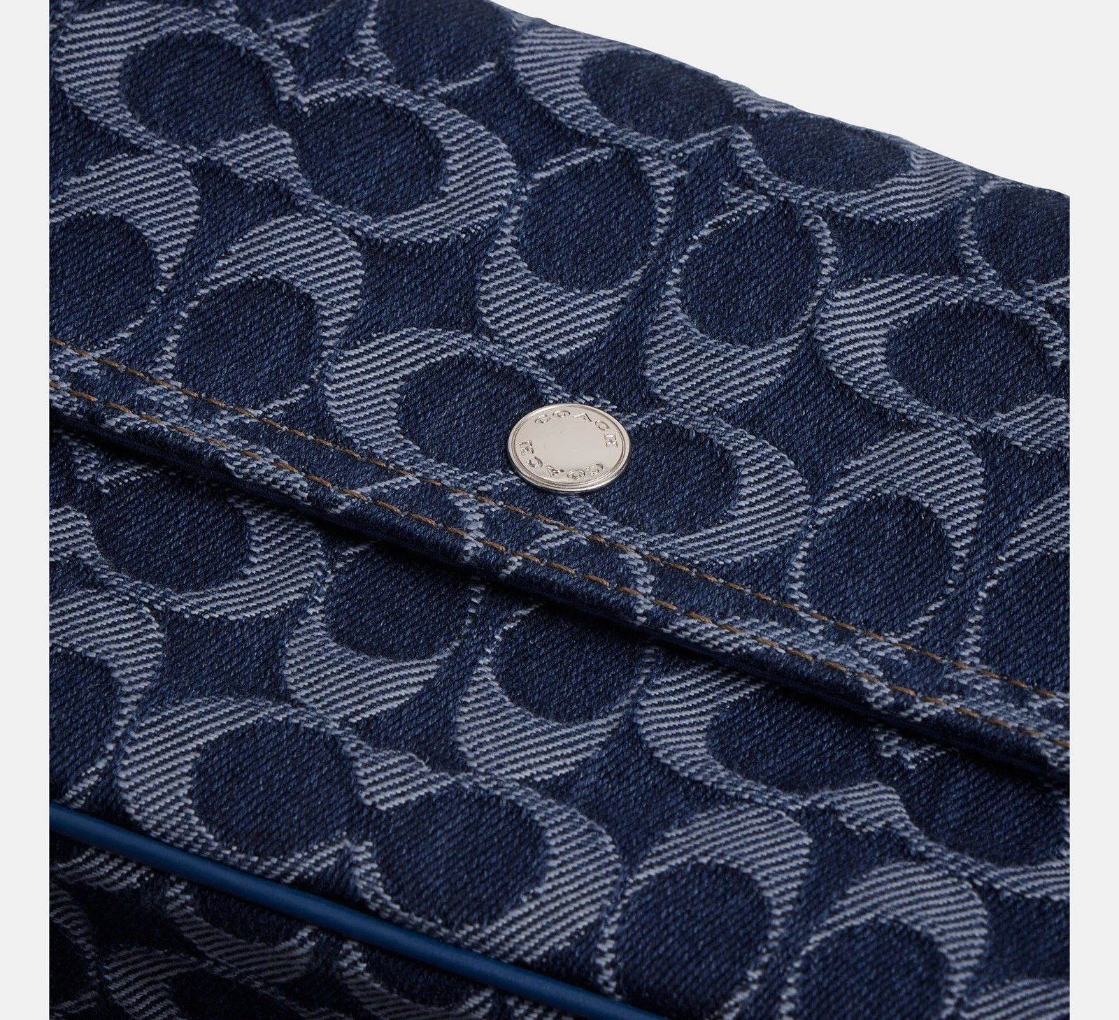 Borsa Coach Brook con patta catena in denim e pelle firmata argento blu profondo nuova con etichette