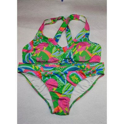 Michelle McDowell Womens XL Bikini Set Green Pink Abstract Floral Two Piece Swim