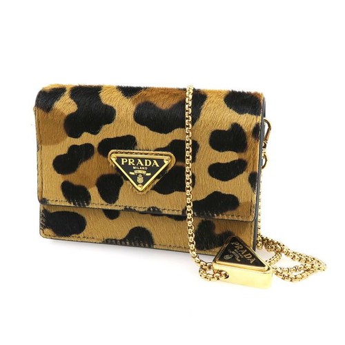 Prada 1MR034 Card Case Chain Shoulder Haraco Brown Leather