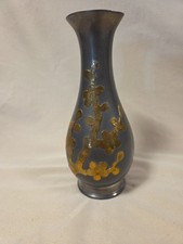 Vintage Mid-century Solid Pewter Vase with Brass Overlay Made In Hong Kong