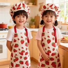 Kids Apron and Chef Hat Set Gift for Girls Cotton Child Adjustable Kitchen Apron