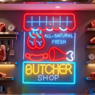 Butcher Shop LED Neon Sign, Butcher Store Home Kitchen Wall Table Light Up Le...
